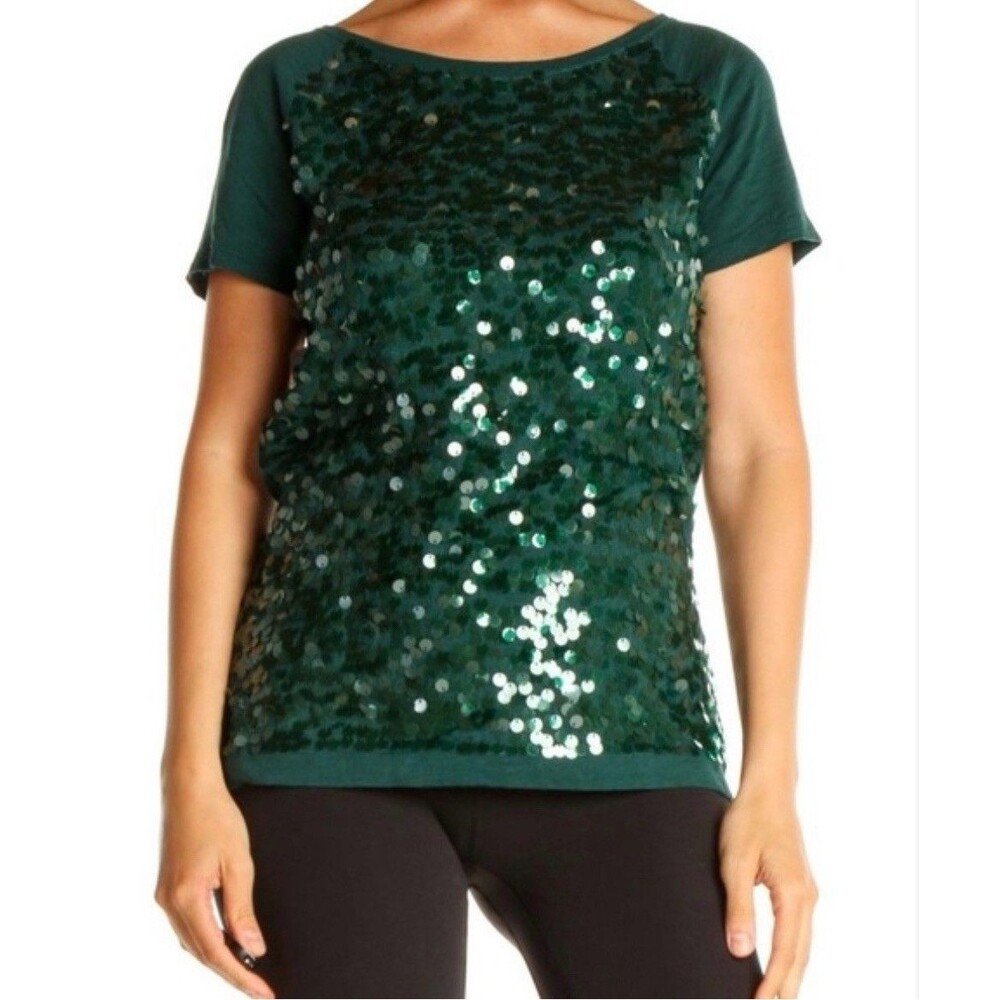 Ann Taylor Loft Sequin Top Green Short Sleeve Stretch Back Zip Holiday Party-XSP